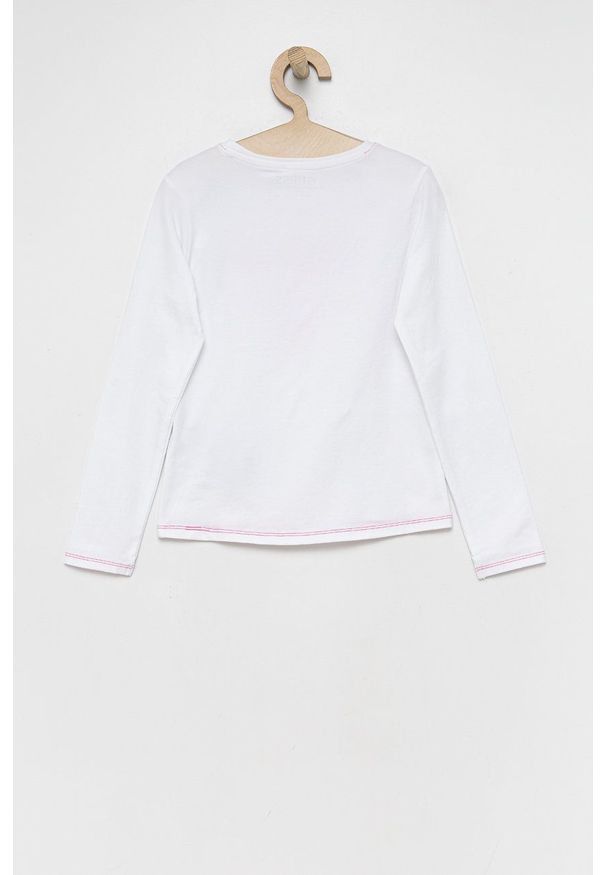Guess Longsleeve dziecięcy kolor biały. Okazja: na co dzień. Kolor: biały. Materiał: dzianina, bawełna. Długość rękawa: długi rękaw. Wzór: nadruk. Styl: casual