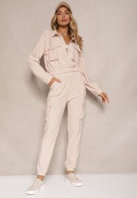 Renee - Beżowy Komplet Dresowy z Bluzą o Krótkim Kroju i Joggerami z Kieszeniami Riathna. Kolor: beżowy. Materiał: dresówka