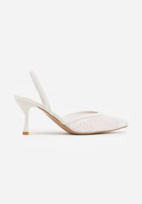 Renee - Białe Szpilki z Paskiem w Typie Slingback z Cholewką z Siateczki i Koralikami Carilriane. Zapięcie: pasek. Kolor: biały. Materiał: satyna. Szerokość cholewki: normalna. Wzór: aplikacja. Obcas: na szpilce. Styl: elegancki, glamour, wizytowy #9