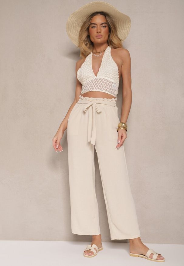 Renee - Beżowe Spodnie z Wiskozą o Szerokim Kroju High Waist z Wiązaniem Ivelwia. Okazja: na co dzień. Stan: podwyższony. Kolor: beżowy. Materiał: wiskoza. Sezon: lato. Styl: casual