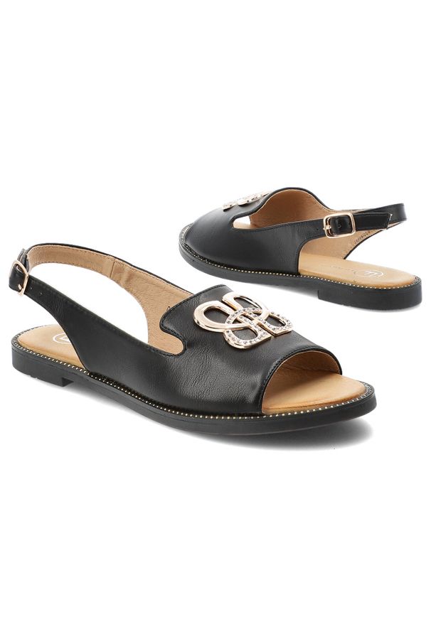 Czarne Sandały Filippo Stylowe Obuwie Damskie. Okazja: na co dzień. Nosek buta: otwarty. Zapięcie: pasek. Kolor: czarny. Materiał: skóra. Wzór: aplikacja. Sezon: lato. Styl: elegancki