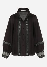 Born2be - Czarna Koszula ze Stójką i Koronką Argochis. Typ kołnierza: kołnierzyk stójkowy. Kolor: czarny. Materiał: koronka. Wzór: koronka #8