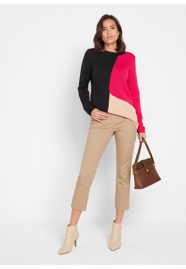 bonprix - Spodnie 7/8 z gumką w talii, ze stretchem. Kolor: brązowy. Styl: elegancki