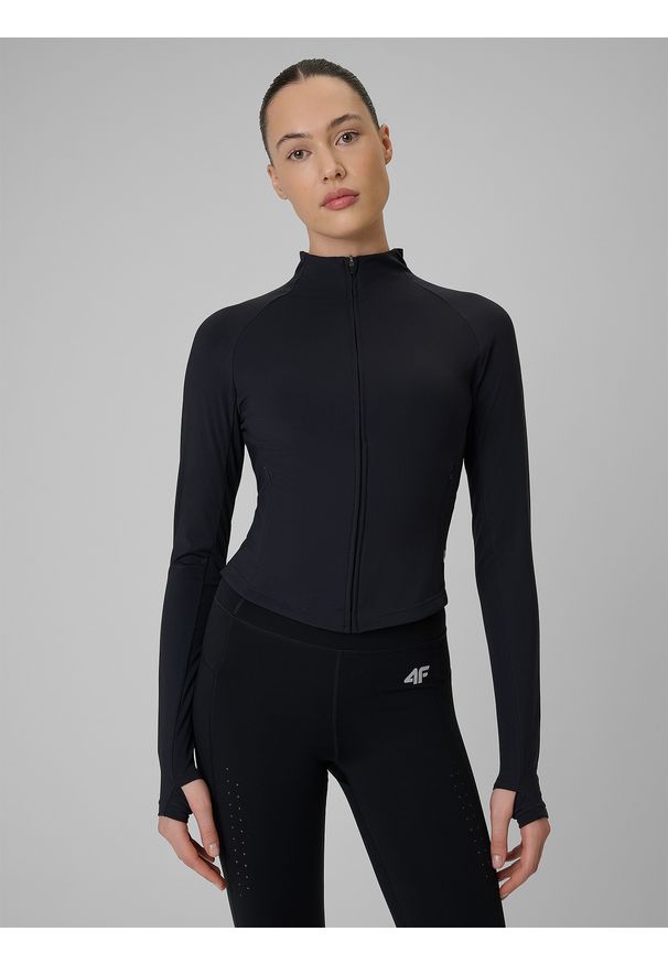 4f - 4F Bluza treningowa slim szybkoschnąca damska - czarna S. Okazja: na co dzień. Typ kołnierza: kołnierzyk stójkowy. Kolor: czarny. Materiał: skóra. Styl: casual, sportowy