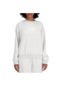 Bluza New Balance WT41503AHH - szara. Okazja: na co dzień. Kolor: szary. Materiał: bawełna, dresówka, poliester, prążkowany. Wzór: napisy. Styl: casual, klasyczny #1