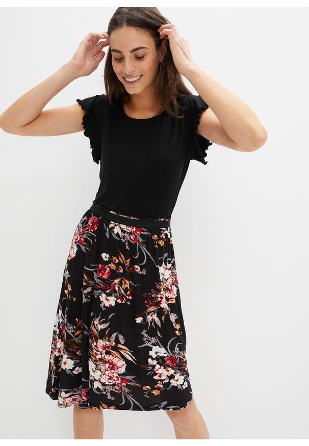 bonprix - Dżersejowa sukienka z mieszanki wiskozy. Kolor: czarny. Materiał: jersey, wiskoza. Wzór: nadruk