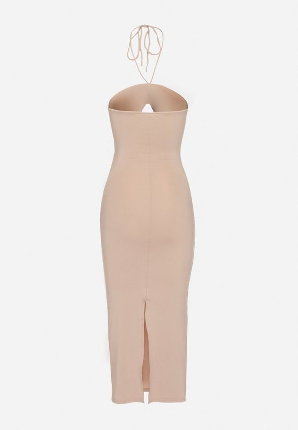 Born2be - Ciemnobeżowa Wiązana Midi Sukienka z Wycięciami i Aplikacjami z Materiału Cherice. Kolor: beżowy. Materiał: materiał. Wzór: aplikacja. Długość: midi