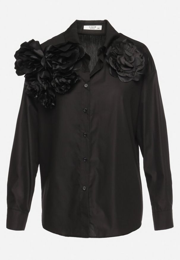 Born2be - Czarna Koszula z Ozdobnymi Naszytymi Kwiatami Ernna. Kolor: czarny. Wzór: kwiaty, aplikacja. Styl: elegancki, klasyczny
