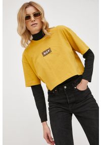 HUF T-shirt bawełniany kolor żółty. Kolor: żółty. Materiał: bawełna. Wzór: nadruk