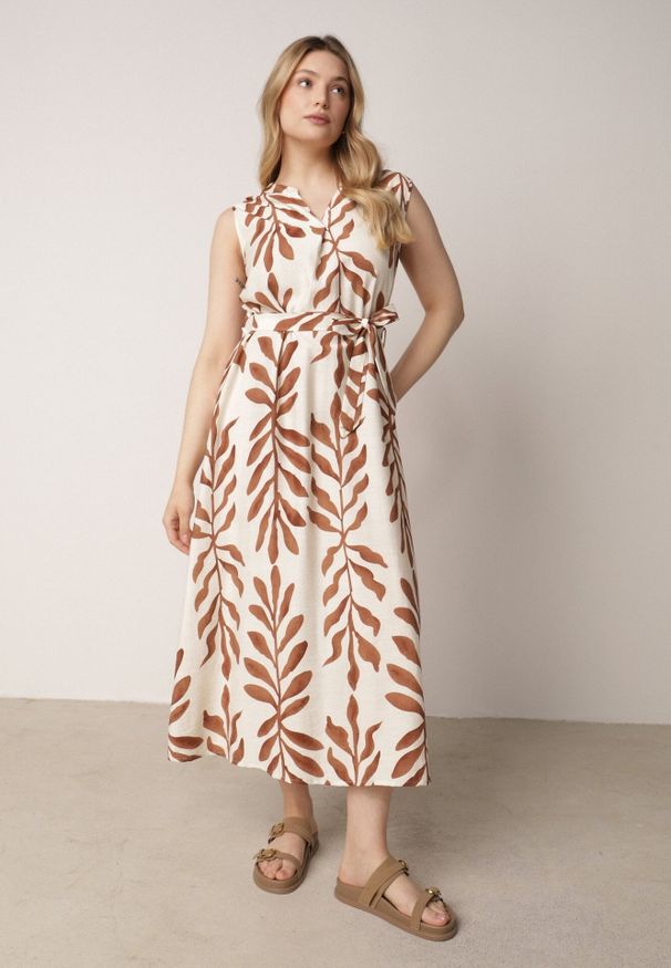 Born2be - Beżowa Pudełkowa Sukienka Wiskozowa Bez Rękawów z Wiązanym Paskiem Fontalin. Okazja: do pracy, na co dzień. Kolor: beżowy. Materiał: wiskoza. Długość rękawa: bez rękawów. Styl: boho, elegancki, casual