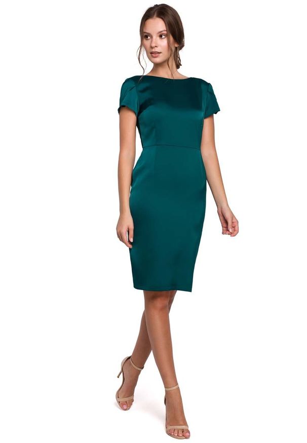 MAKEOVER - Zielona Elegancka Sukienka z Dekoltem Typu Woda. Kolor: zielony. Materiał: poliester, elastan. Styl: elegancki