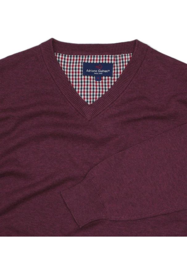 Sweter Burgundowy, Bordowy Melanżowy w Serek (V-neck), Klasyczny, Męski, Elegancki -Adriano Guinari. Okazja: na co dzień, na spotkanie biznesowe, do pracy. Typ kołnierza: dekolt w serek. Kolor: czerwony. Materiał: bawełna. Wzór: melanż. Styl: klasyczny, elegancki