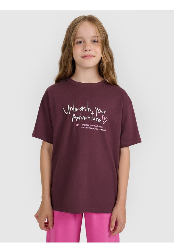 4f - 4F T-shirt regular z nadrukiem dziewczęcy - różowy 140 (9-10 lat). Okazja: na co dzień. Kolor: fioletowy. Materiał: jersey, bawełna, materiał. Długość rękawa: krótki rękaw. Długość: krótkie. Wzór: nadruk. Sezon: lato. Styl: sportowy, młodzieżowy, klasyczny, casual