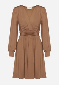 Born2be - Brązowa Rozkloszowana Sukienka z Wiskozą Selithiel. Okazja: na wesele, na ślub cywilny, na imprezę. Typ kołnierza: dekolt w serek. Kolor: brązowy. Materiał: wiskoza. Styl: elegancki #5