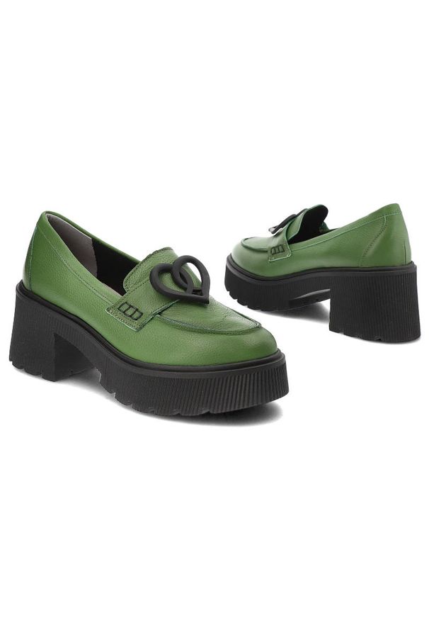 Zielone Półbuty Armodo Eleganckie Buty Damskie. Okazja: na spotkanie biznesowe. Kolor: zielony. Materiał: skóra. Obcas: na obcasie. Styl: elegancki. Wysokość obcasa: średni