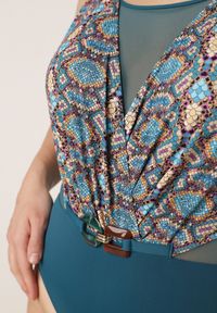 Born2be - Niebieski Kopertowy Strój Kąpielowy Jednoczęściowy z Siateczką i Paskiem Raera. Kolor: niebieski. Materiał: len #5