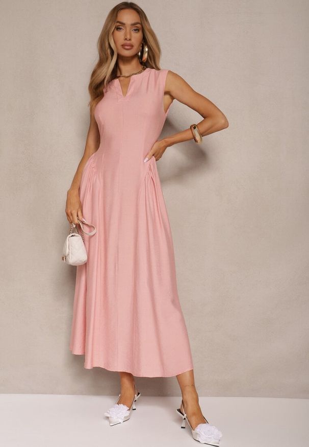 Renee - Różowa Rozkloszowana Sukienka z Wiskozy Lirune. Okazja: na co dzień. Kolor: różowy. Materiał: wiskoza. Sezon: lato. Typ sukienki: rozkloszowane. Styl: elegancki, casual, klasyczny