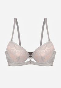 Renee - Szaro-Różowy Koronkowy Biustonosz w Klasycznym Stylu z Aplikacją Galinassa. Kolor: szary. Materiał: koronka. Wzór: aplikacja #3