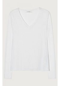 AMERICAN VINTAGE - Biały kultowy t-shirt z długim rękawem American Vintage. Kolor: biały. Materiał: bawełna, wiskoza, materiał. Długość rękawa: długi rękaw. Długość: długie. Wzór: melanż. Styl: vintage