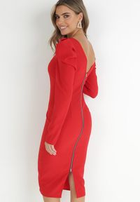 Born2be - Czerwona Sukienka Taliowana z Bufiastym Rękawem Omono. Kolor: czerwony. Długość: midi #2