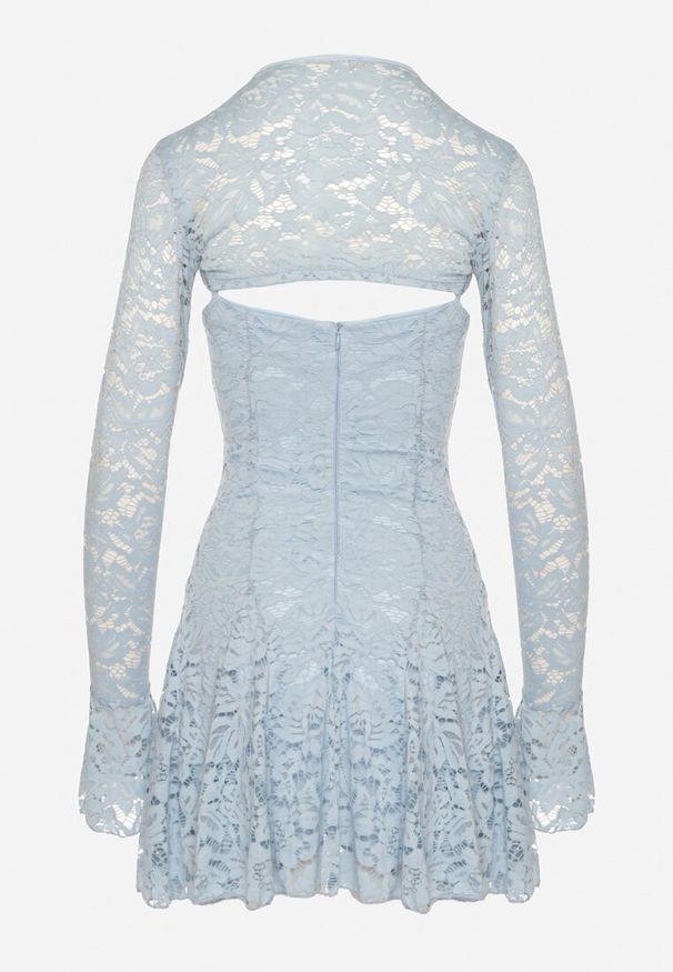 Born2be - Niebieska Rozkloszowane Sukienka Koktajlowa z Koronką i Bolerkiem Eyrfedi. Okazja: na wesele, na randkę, na ślub cywilny. Kolor: niebieski. Materiał: koronka. Długość rękawa: na ramiączkach. Wzór: koronka. Typ sukienki: rozkloszowane. Styl: wizytowy