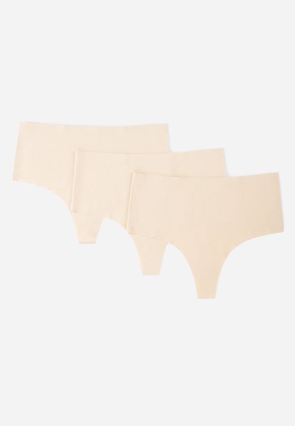 Born2be - Beżowe 3-Pack Majtki Stringi z Wysokim Stanem o Bezszwowym Wykończeniu Zerissa. Stan: podwyższony. Kolor: beżowy. Materiał: dzianina