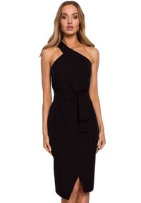 Sukienki.shop - Sukienka elegancka ołówkowa na jedno ramię z rozcięciem czarna. Kolor: czarny. Typ sukienki: ołówkowe. Styl: elegancki