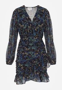 Renee - Czarno-Niebieska Kwiatowa Sukienka o Dopasowanym Kroju Ozdobiona Falbankami i Marszczeniem Mirilira. Okazja: na co dzień. Typ kołnierza: kołnierz z falbankami. Kolor: czarny. Materiał: zamsz. Wzór: aplikacja, kwiaty. Typ sukienki: proste, dopasowane. Styl: elegancki, casual #4