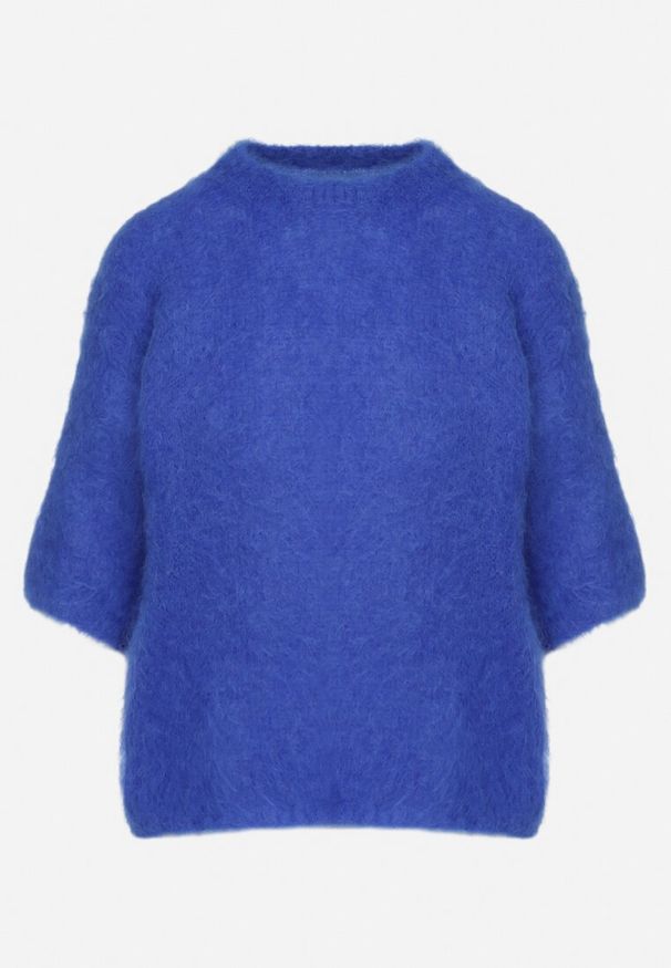 Born2be - Niebieski Moherowy Sweter o Kroju Nietoperza z Rękawami 3/4 Eleanira. Okazja: na co dzień. Kolor: niebieski. Materiał: moher. Wzór: aplikacja, ze splotem. Sezon: jesień, zima. Styl: klasyczny, elegancki, casual