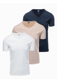 Ombre Clothing - Zestaw bawełnianych męskich koszulek V-neck BASIC – biały/piaskowy/granatowy V12. Typ kołnierza: dekolt w serek. Kolor: biały. Materiał: bawełna