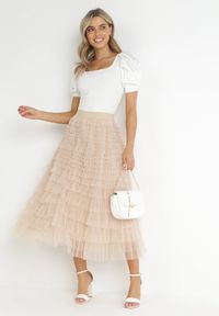 Born2be - Beżowa Rozkloszowana Spódnica Maxi z Falbankami z Tiulu Davena. Kolor: beżowy. Materiał: tiul. Wzór: aplikacja #5