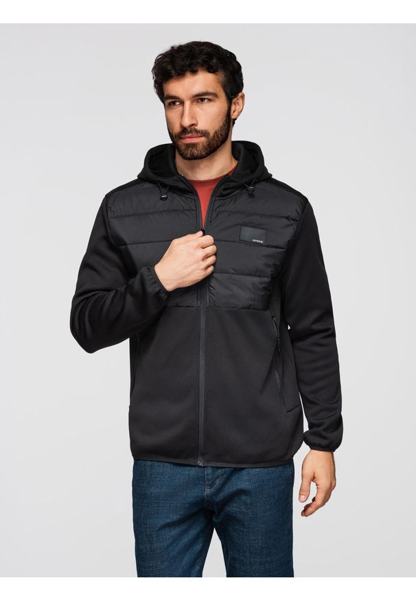 Ombre Clothing - Kurtka lekka męska z łączonych materiałów z kapturem i ozdobnym pikowaniem – czarna V5 - Rozmiar: XL. Okazja: na co dzień. Typ kołnierza: kaptur. Kolor: czarny. Materiał: materiał. Wzór: aplikacja. Styl: casual