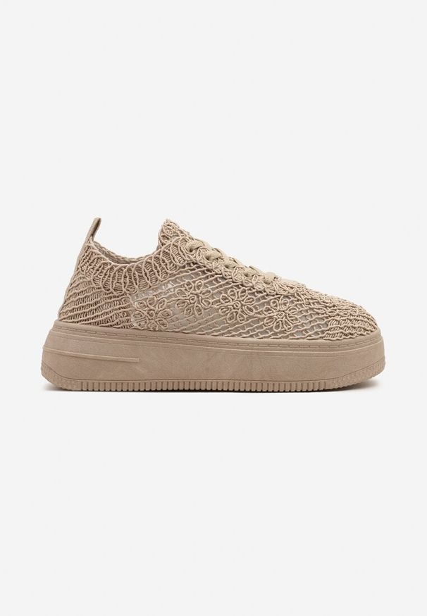 Born2be - Ciemnobeżowe Sneakersy Ażurowe na Grubej Podeszwie Isodisa. Okazja: na co dzień. Kolor: beżowy. Materiał: jeans. Wzór: ażurowy. Sezon: lato