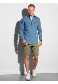 Ombre Clothing - Koszula męska jeansowa na zatrzaski - niebieska V2 K567 - XXL. Kolor: niebieski. Materiał: jeans. Styl: klasyczny
