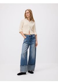 Reserved - Ażurowy kardigan z bawełną - kremowy. Kolor: kremowy. Materiał: bawełna. Wzór: ażurowy #1