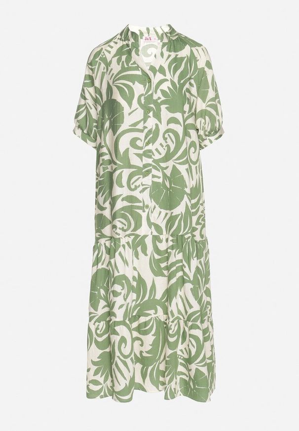 Born2be - Zielona Wiskozowa Rozkloszowana Sukienka z Falbaną Filindania. Okazja: na co dzień. Kolor: zielony. Materiał: wiskoza. Styl: casual, elegancki