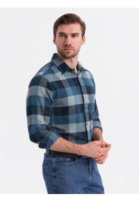 Ombre Clothing - Koszula męska flanelowa w kratę - niebieska V4. Kolor: niebieski. Materiał: bawełna. Styl: klasyczny #9