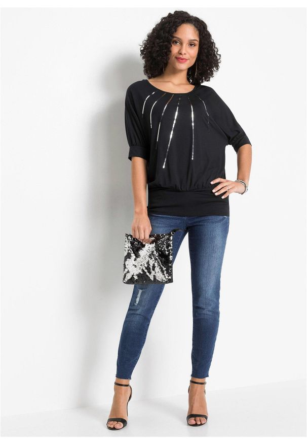 bonprix - Bluzka z lejącej mieszanki wiskozy. Kolor: czarny. Materiał: wiskoza. Wzór: aplikacja. Styl: elegancki