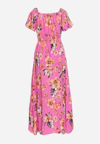 Born2be - Fuksjowa Sukienka w Kwiaty z Gumką w Talii i Hiszpańskim Dekoltem Devoris. Okazja: na co dzień, na spacer, na imprezę. Kolor: różowy. Wzór: kwiaty. Sezon: lato. Styl: casual, elegancki #2