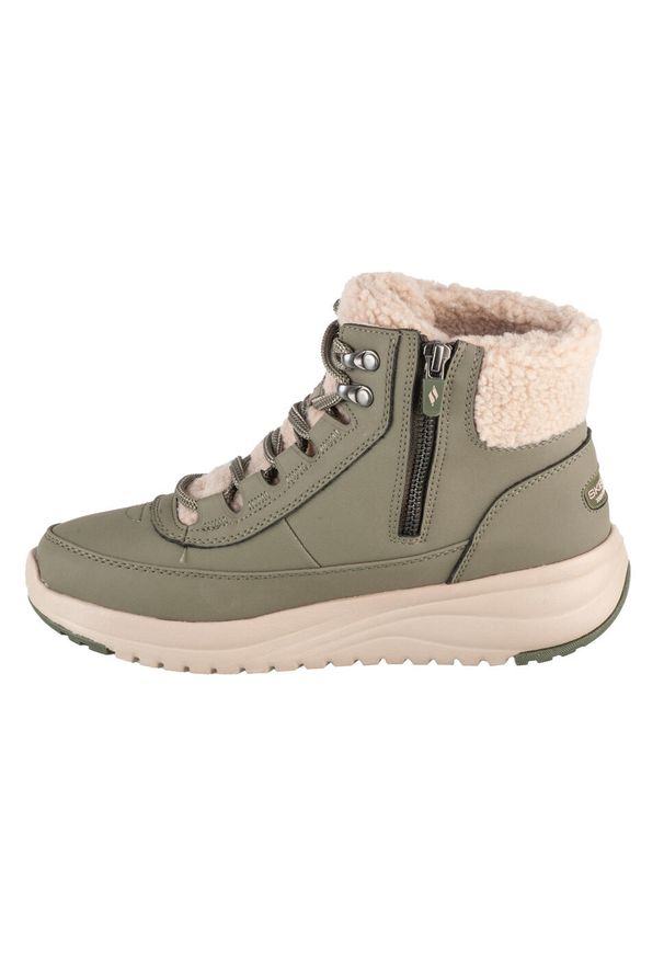 skechers - Buty zimowe damskie, On-The-Go Stellar - Alpine Adventure. Wysokość cholewki: za kostkę. Zapięcie: sznurówki. Kolor: zielony. Materiał: materiał, skóra. Szerokość cholewki: normalna. Sezon: zima. Sport: turystyka piesza
