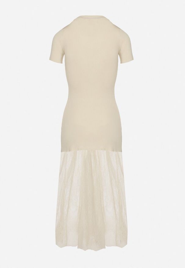 Born2be - Beżowa Prążkowana Sukienka z Koronkowym Dołem Vilzedi. Kolor: beżowy. Materiał: prążkowany, koronka. Typ sukienki: proste. Styl: glamour, elegancki
