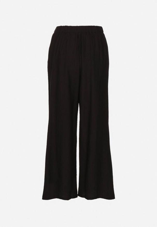 Born2be - Czarne Szerokie Spodnie z Wiskozy z Lnem Ozdobione Przeszyciami Fenerisa. Okazja: na co dzień. Stan: podwyższony. Kolor: czarny. Materiał: wiskoza, len. Wzór: aplikacja. Sezon: wiosna, lato. Styl: casual, elegancki