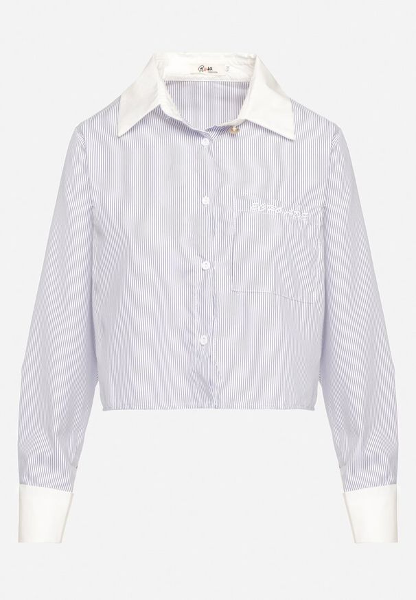 Born2be - Niebieska Krótka Koszula w Paski na Guziki z Ozdobnymi Kieszeniami Ralflea. Okazja: na spotkanie biznesowe, do pracy. Kolor: niebieski. Materiał: jeans. Długość: krótkie. Wzór: paski. Styl: biznesowy, klasyczny, elegancki