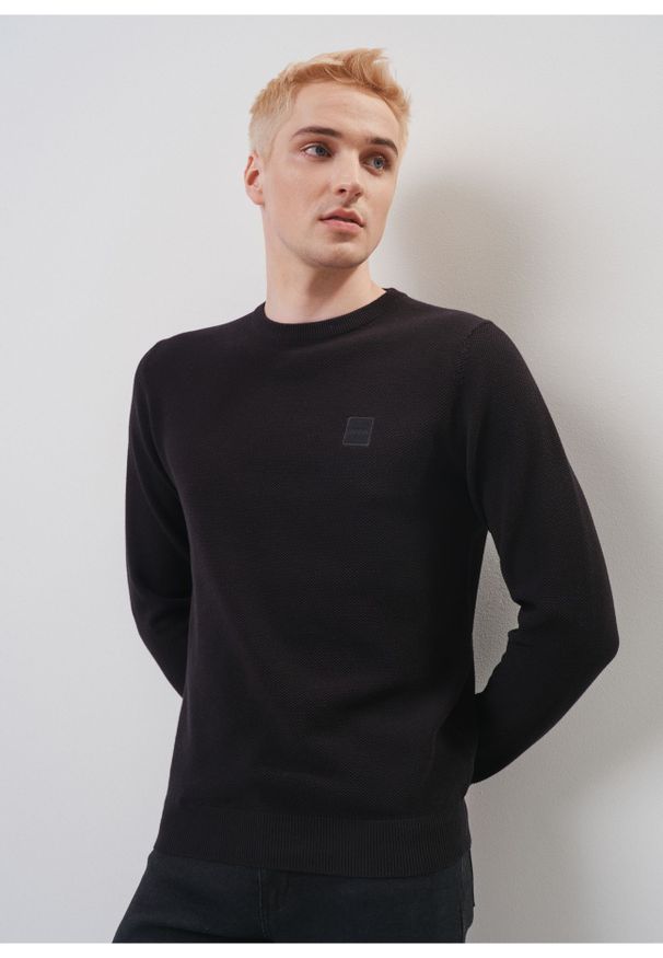 Ochnik - Czarny bawełniany sweter męski z logo. Kolor: czarny. Materiał: bawełna. Długość: długie. Wzór: aplikacja
