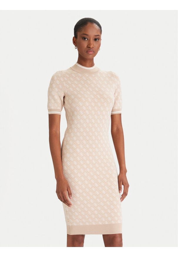 Guess Sukienka dzianinowa W3YK39 Z37K0 Beżowy Slim Fit. Kolor: beżowy. Materiał: wiskoza