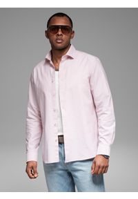 Ombre Clothing - Bawełniana pastelowa męska koszula typu oxford – jasnoróżowa V1. Kolor: różowy. Materiał: bawełna. Wzór: aplikacja, ze splotem. Styl: klasyczny, elegancki #6