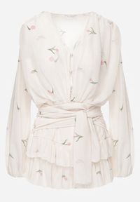 Renee - Beżowy Szyfonowy Kombinezon Zdobiony Falbankami i Paskiem z Wiązaniem Talyria. Okazja: na randkę. Kolor: beżowy. Materiał: szyfon. Wzór: aplikacja #4