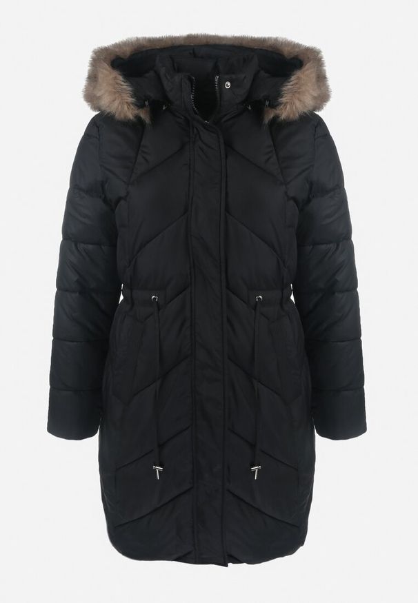 Born2be - Czarna Pikowana Kurtka przed Kolano ze Ściągaczem i Kapturem z Futerkiem Lemeki. Kolor: czarny. Materiał: futro