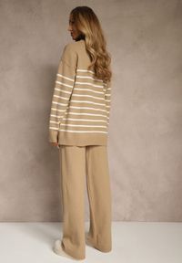 Renee - Ciemnobeżowy Komplet z Bawełną i Wełną Spodnie o Szerokim Kroju i Sweter w Paski Reimeia. Kolor: beżowy. Materiał: wełna, bawełna. Wzór: paski #3