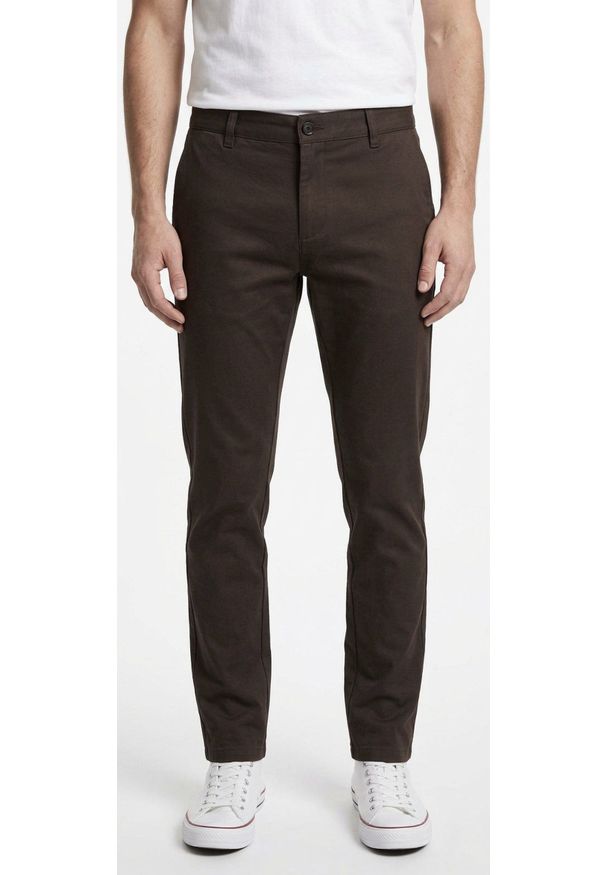 Materiałowe Spodnie Męskie, Eleganckie - Rigon - Brązowe. Kolor: beżowy, wielokolorowy, brązowy. Materiał: elastan, wiskoza, poliester. Styl: elegancki